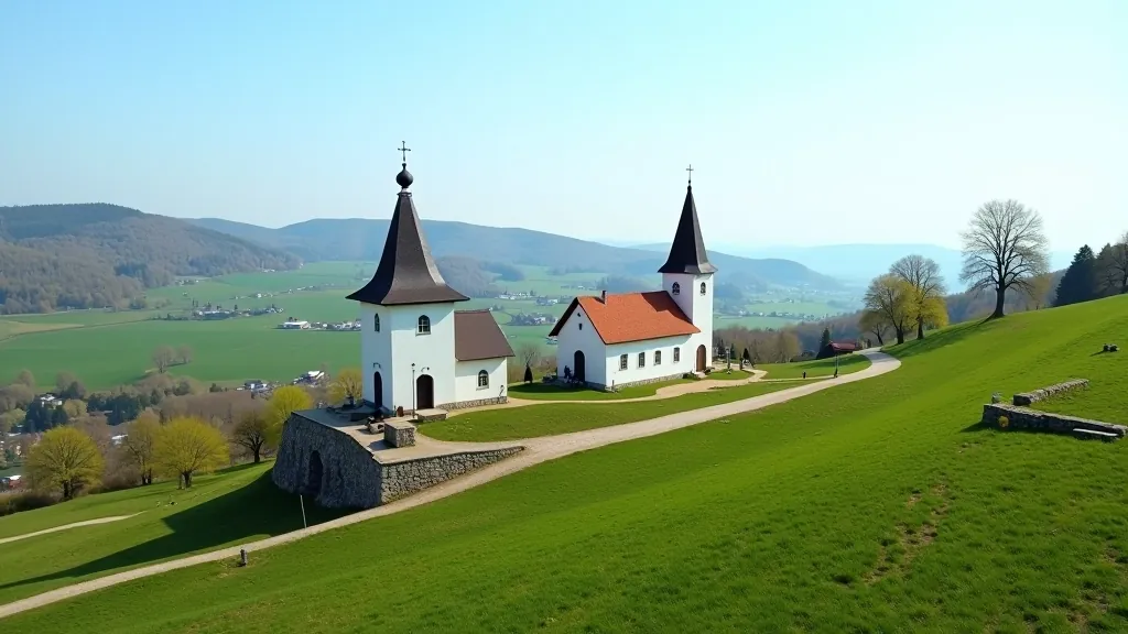 Sabile baznīcas panorāmas skats no paugura, Abavas ieleja redz aiz meža, pavasara diena ar zilu debesīm