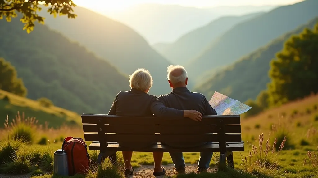 Seniors pie dabas atpūtas vietas ar sēdvietu, ūdens pudeli un karte rokā